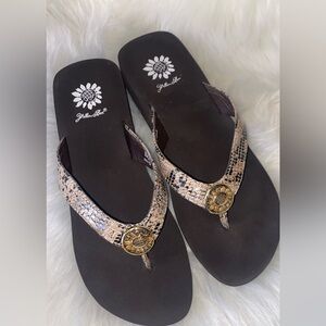 Yellow Box Women's Black Sandals with Snake-Print Straps and Gold Medallions